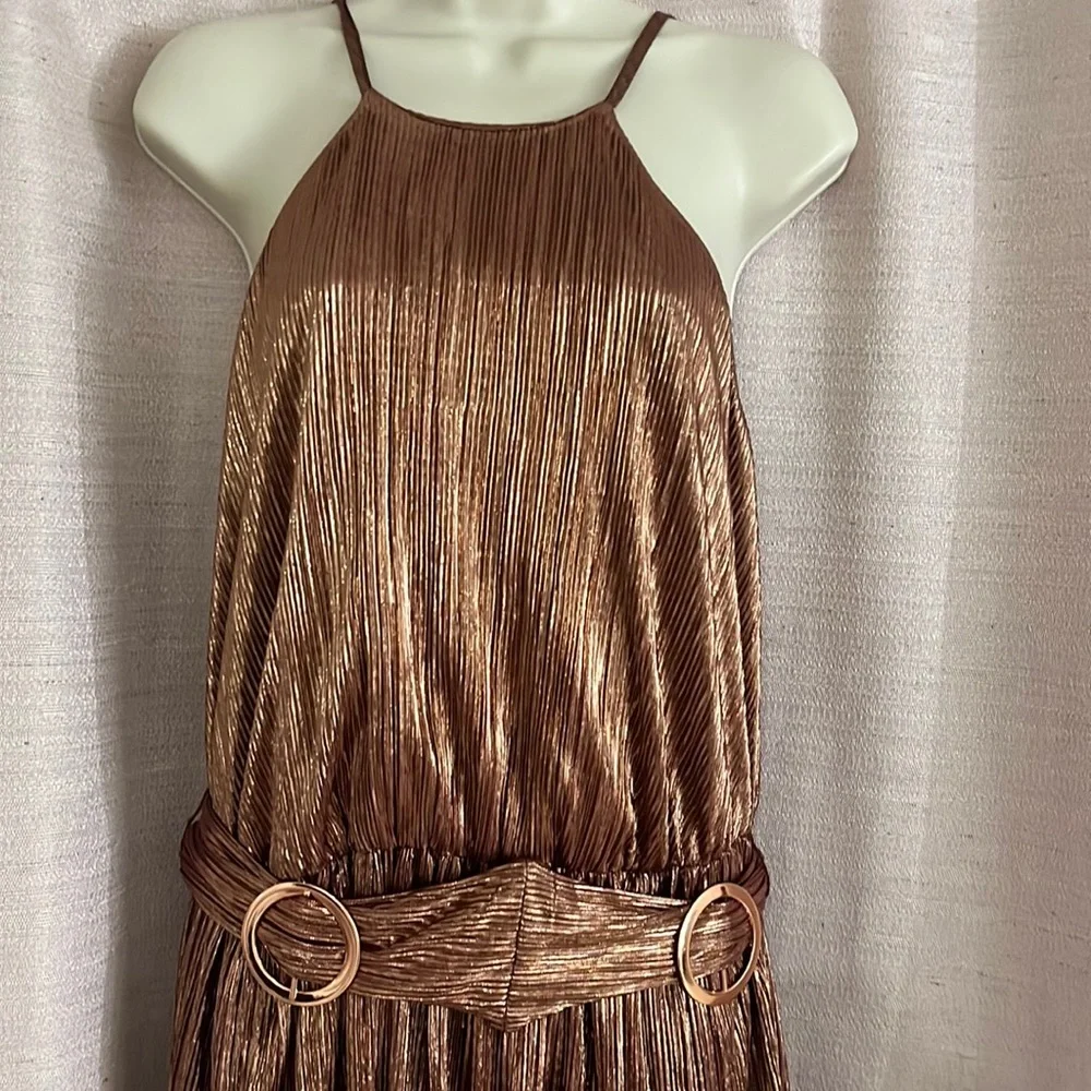 EVA MENENDEZ Metallic Bronze halter top midi Dress Sleeveless Spaghetti straps - Picture 4 of 16